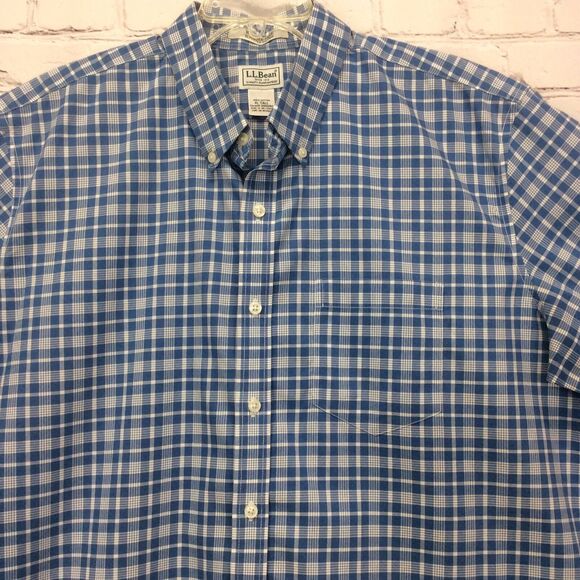 LL Bean Button Down Shirt Men' Size XLT Blue Plaid Casual Travel Slightly Fitted - Picture 3 of 5